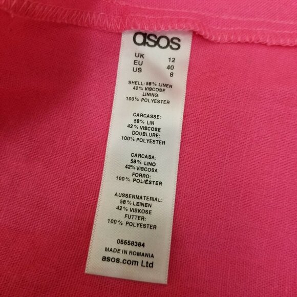 Asos Hot Pink Dress Off Shoulder Linen Pockets US8 Skater Fit Flare A Line - Picture 6 of 6